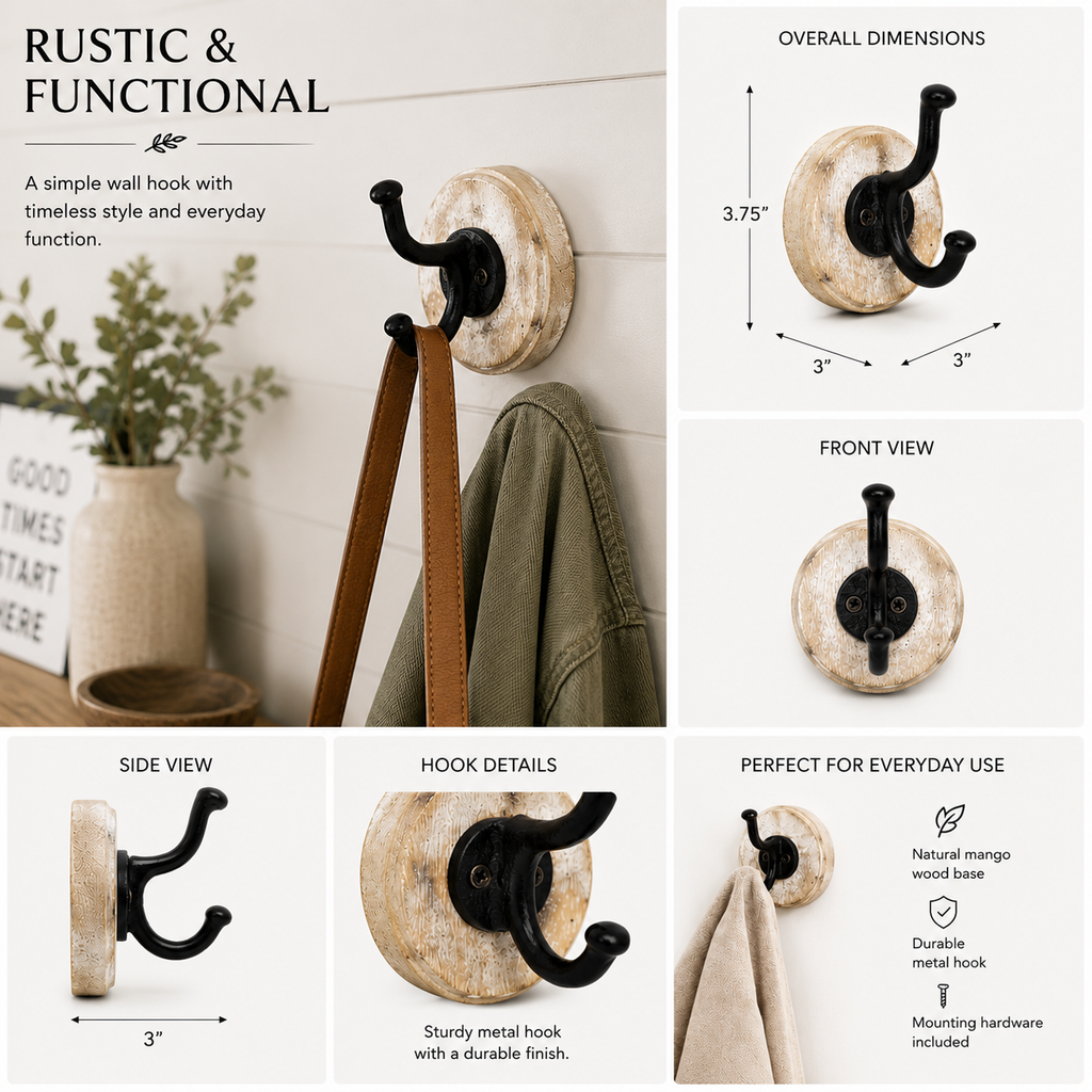 3" Mango Wood Wall Hook - Natural, Black & White