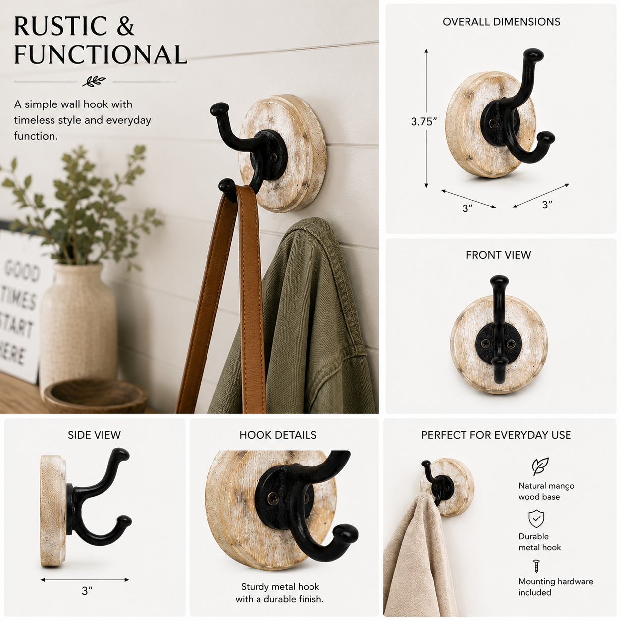 3" Mango Wood Wall Hook - Natural, Black & White