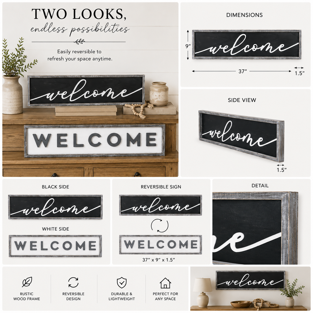 37" x 9" Reversible Wood Framed Wall Art - Welcome | White, Black and Gray
