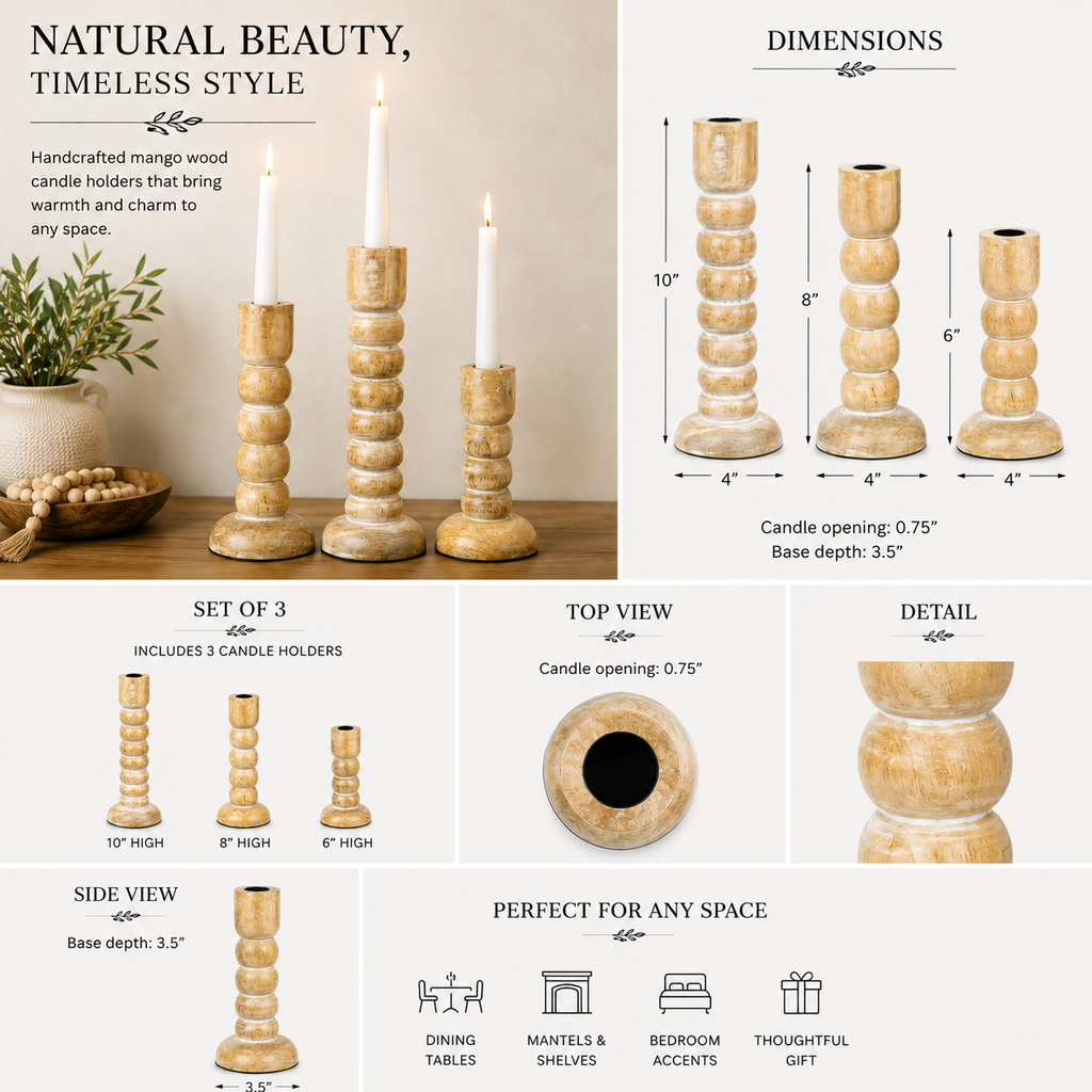 Mango Wood Candle Holder Set - Natural and White (Set of 3)