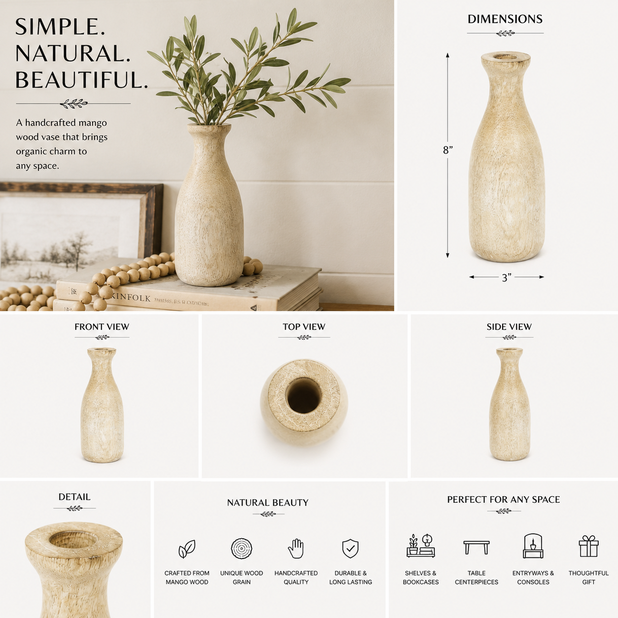 8" Mango Wood Vase - Natural White
