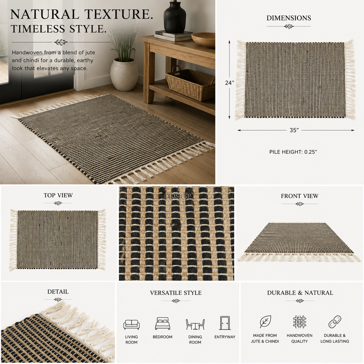 24" x 35" Handcrafted Jute Chindi Rug with Fringes - Black and Natural