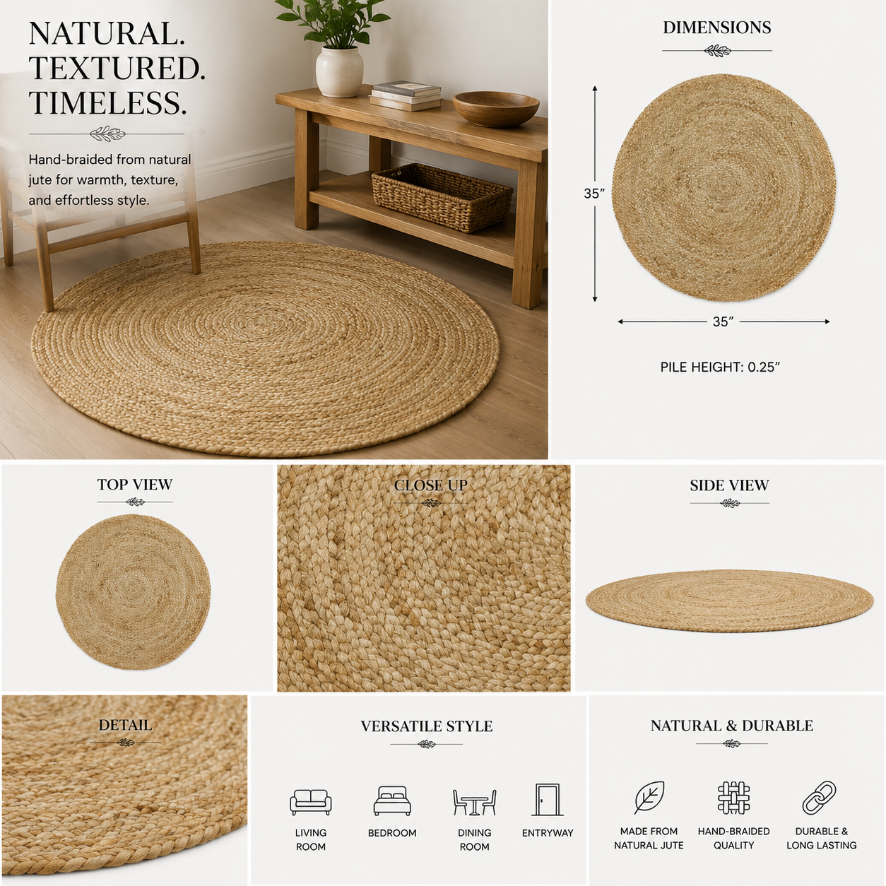35" Jute Braided Rug - Natural