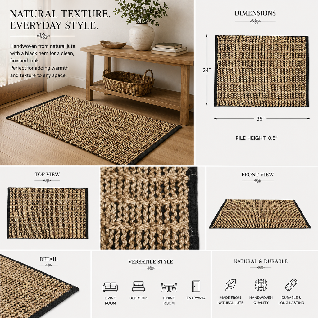 24" x 35" Jute Hemmed Rug - Black and Natural