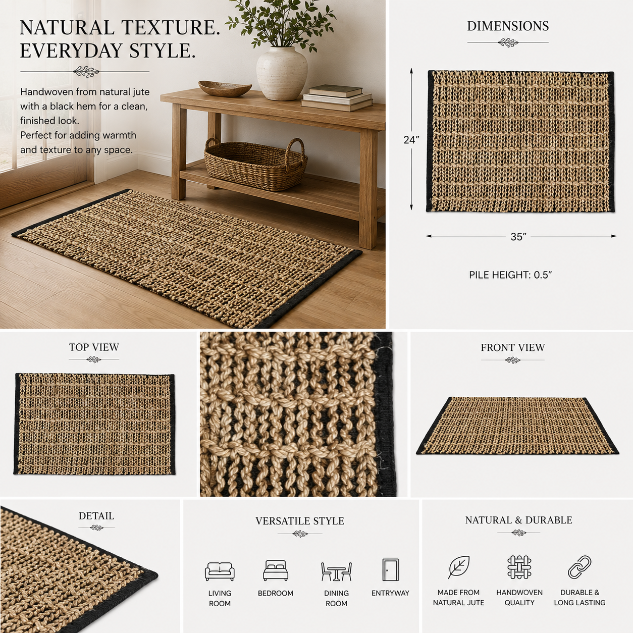 24" x 35" Jute Hemmed Rug - Black and Natural