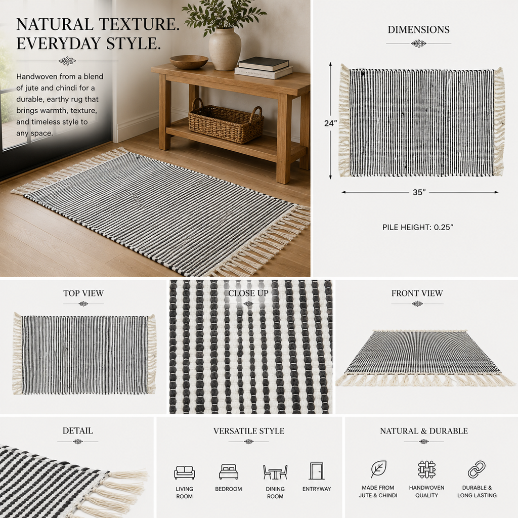 24" x 35" Handcrafted Jute Chindi Rug - Black and White