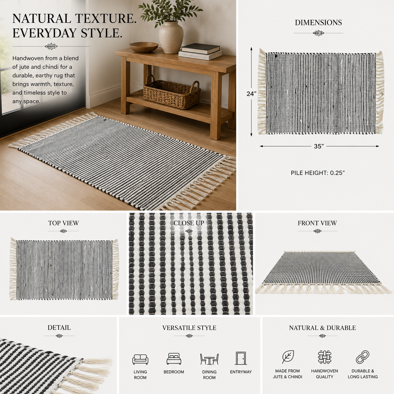 24" x 35" Handcrafted Jute Chindi Rug - Black and White