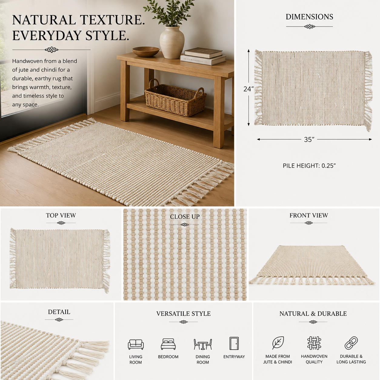 24" x 35" Handcrafted Jute Chindi Rug with Fringes - Natural White