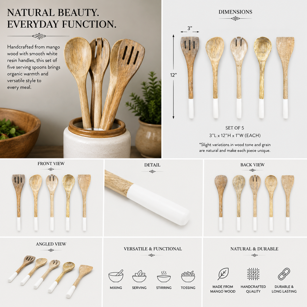 12" Mango Wood Serving Spoons - Natural and White (Set of 5)