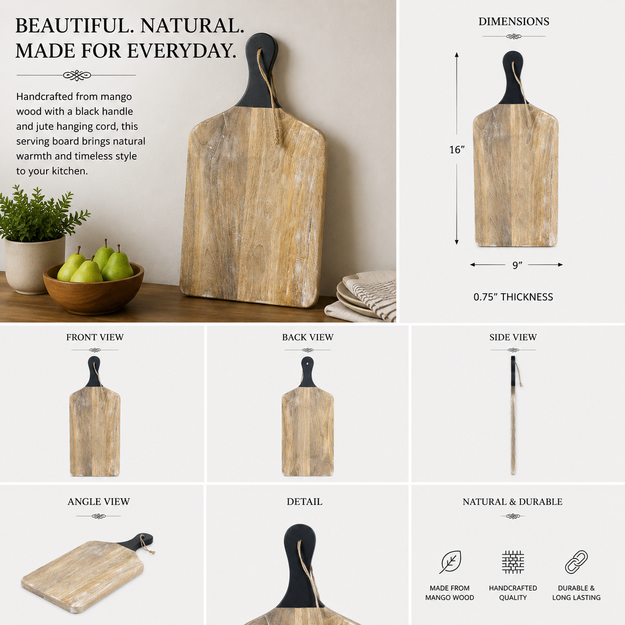 16" Mango Wood Cutting Board with Handle