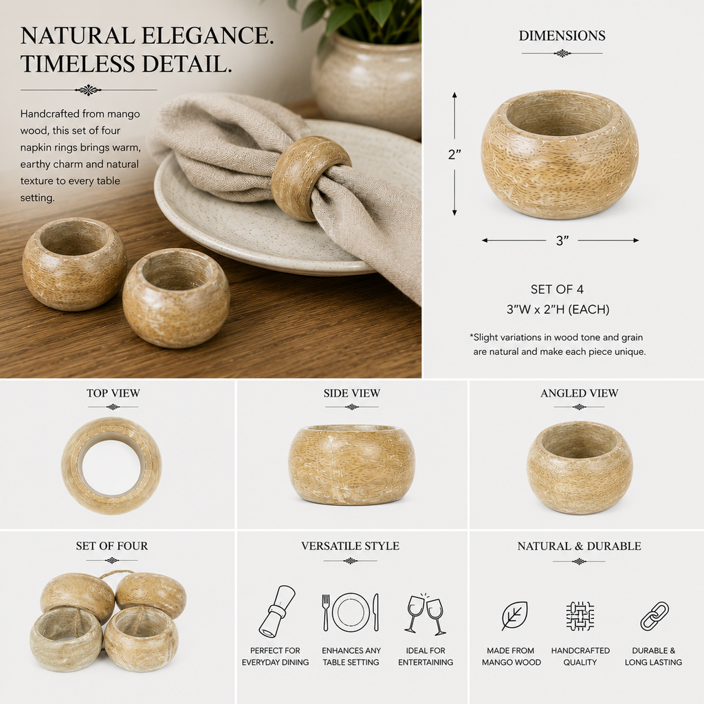 3" Mango Wood Round Napkin Rings - Natural Beige (Set of 4)