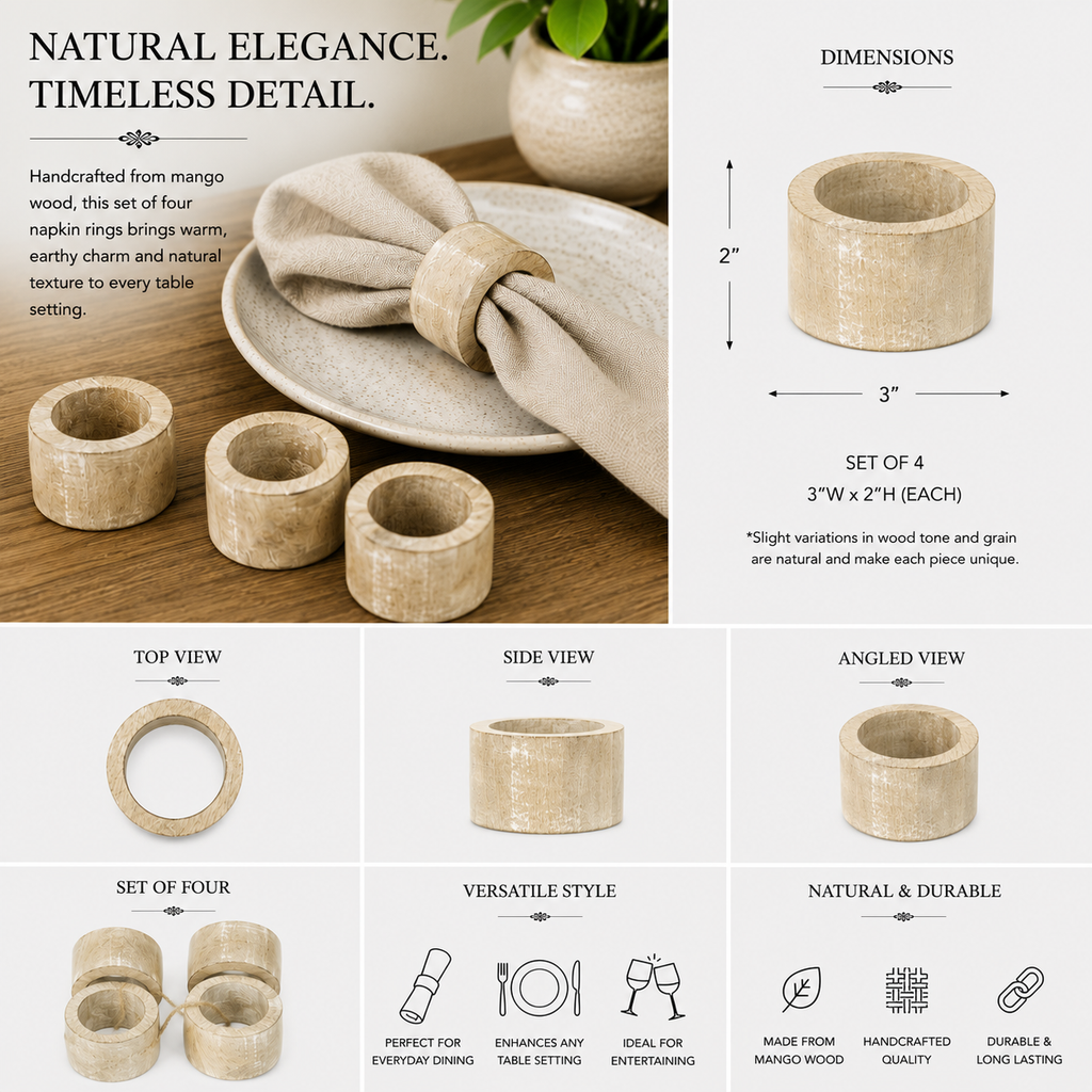 3" Mango Wood Round Napkin Rings - Natural Brown (Set of 4)