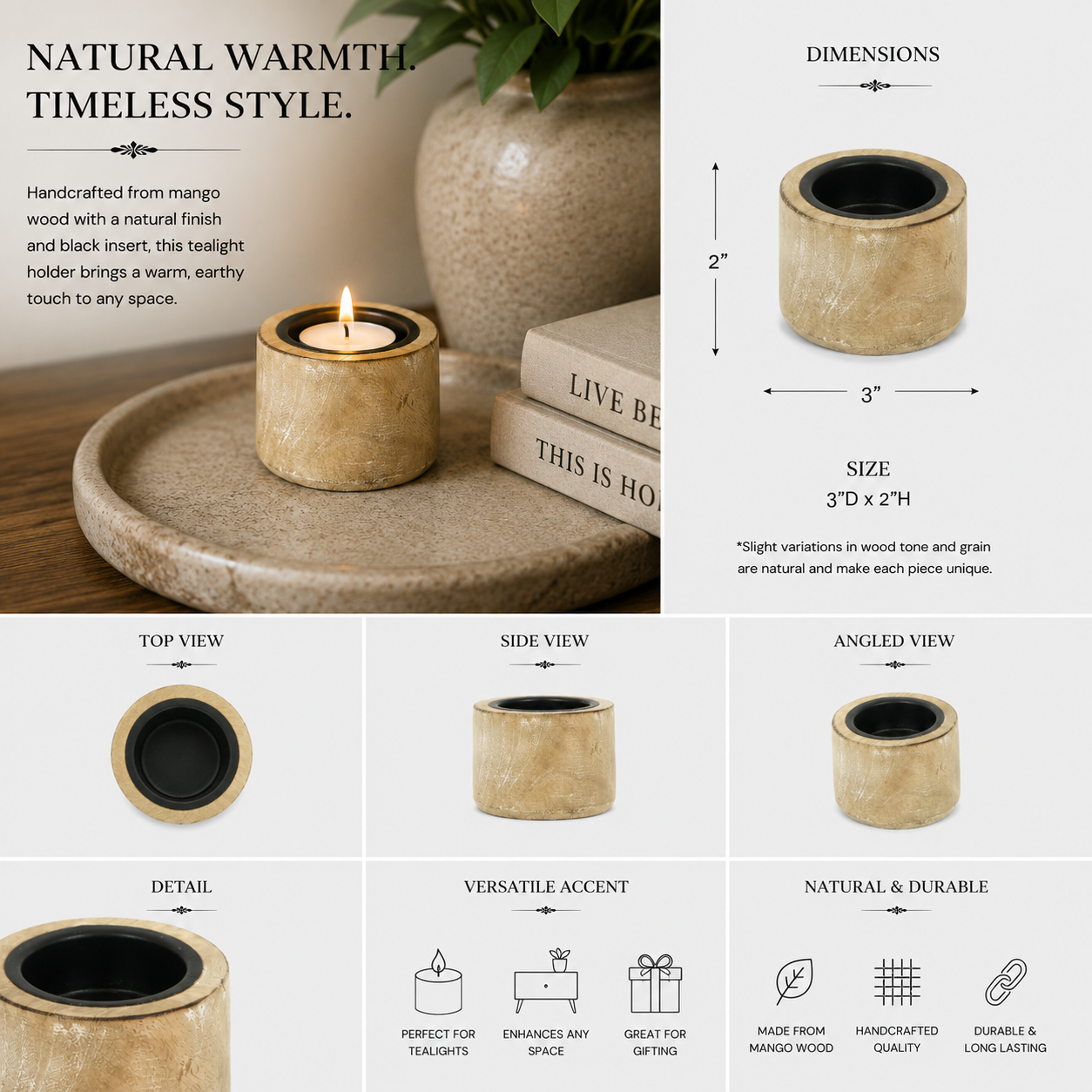 3" Round Mango Wood Tea Light Holder - Natural