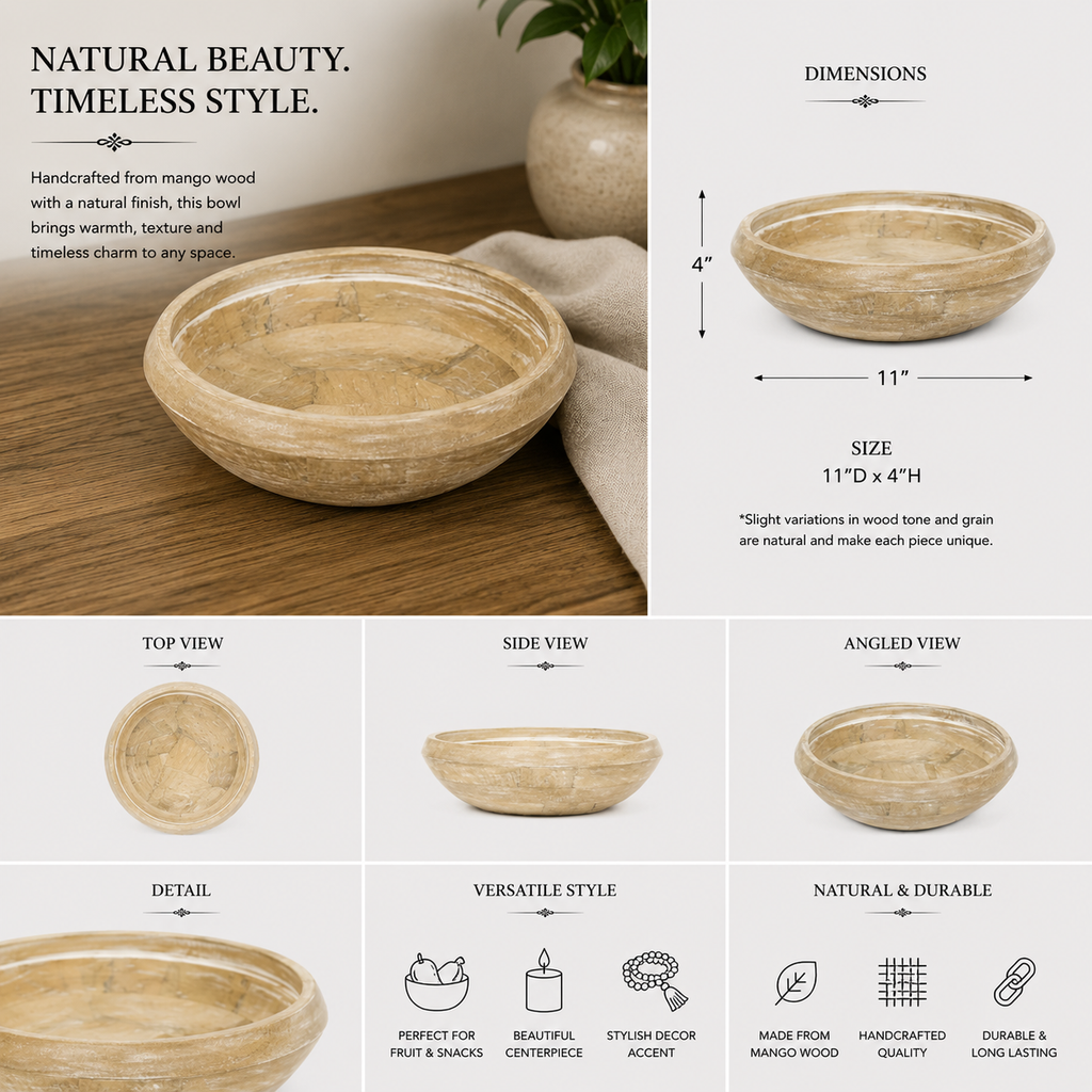 11" Mango Wood Decorative Bowl - Natural and White