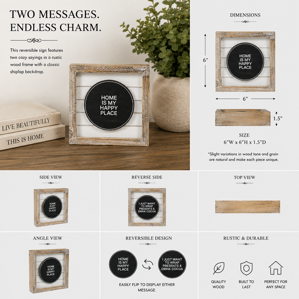 6" Reversible Wood Framed Shiplap Sign - Home and Cocoa | White and Black