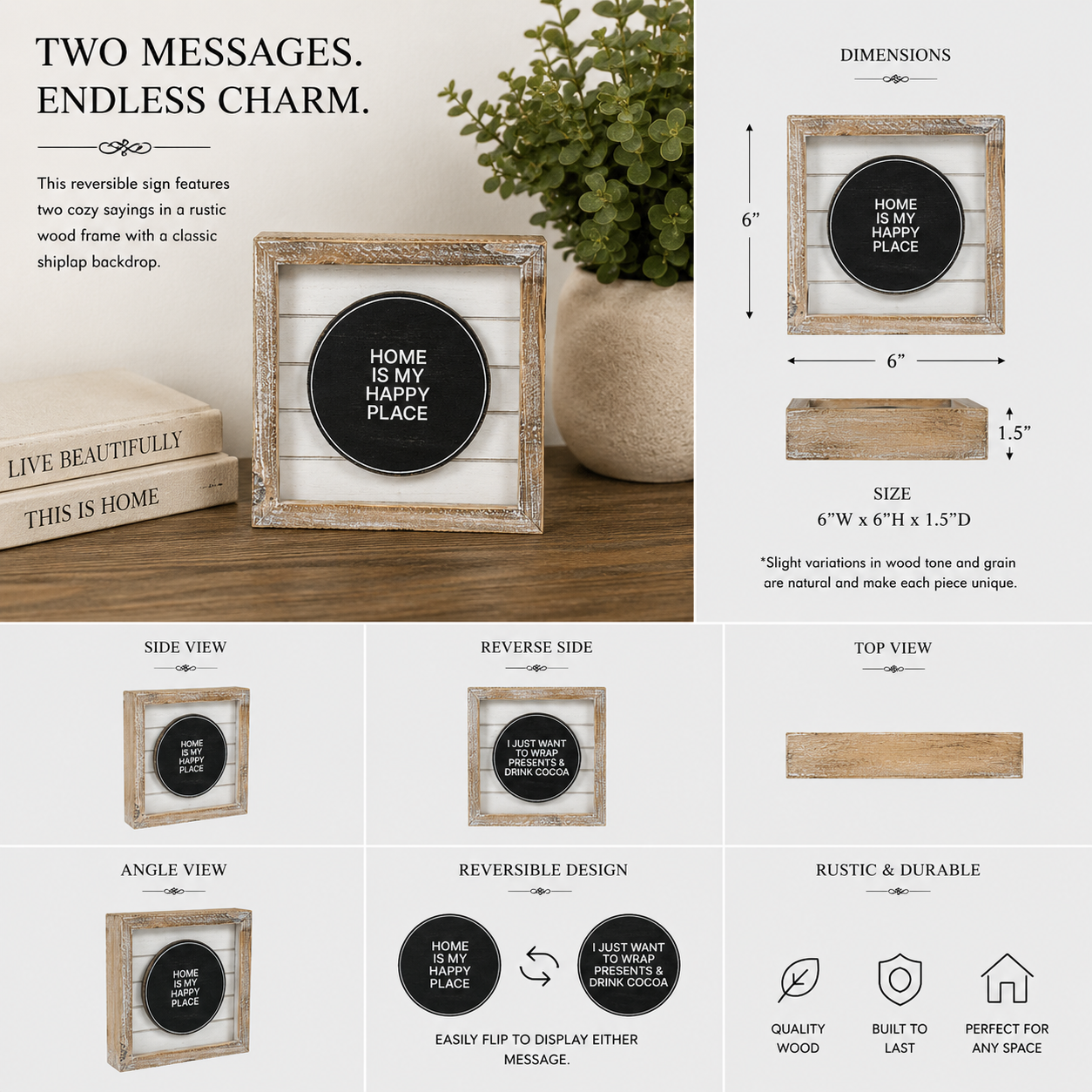 6" Reversible Wood Framed Shiplap Sign - Home and Cocoa | White and Black