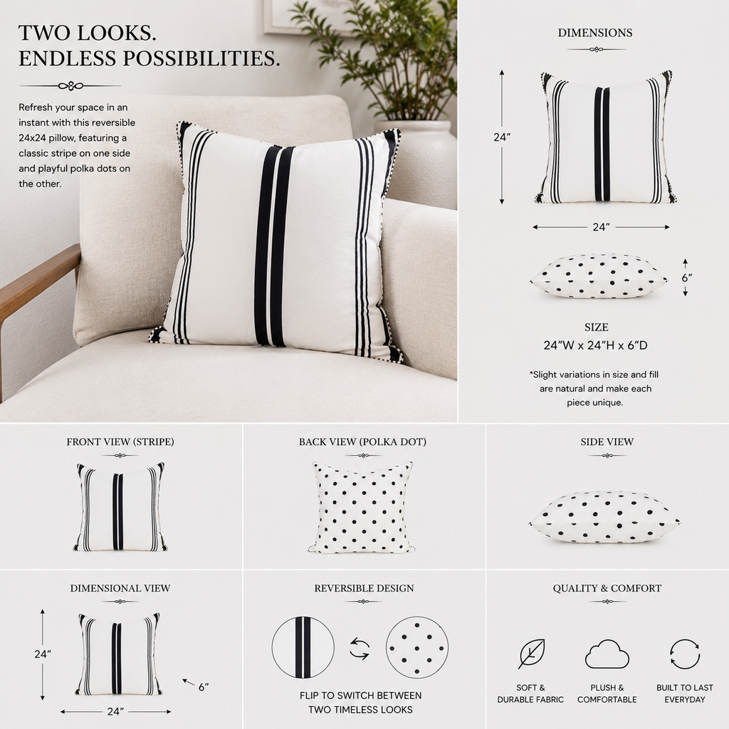 24" Reversible Pillow - Stripes and Polka Dots | White and Black