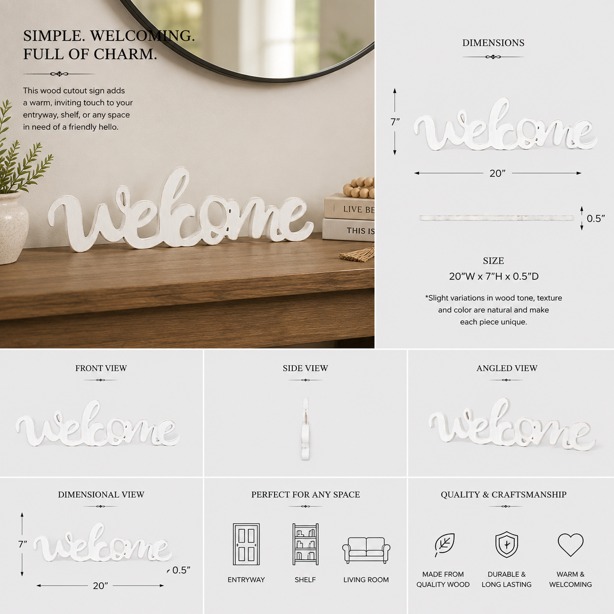 20" Wood Cutout - Welcome | White