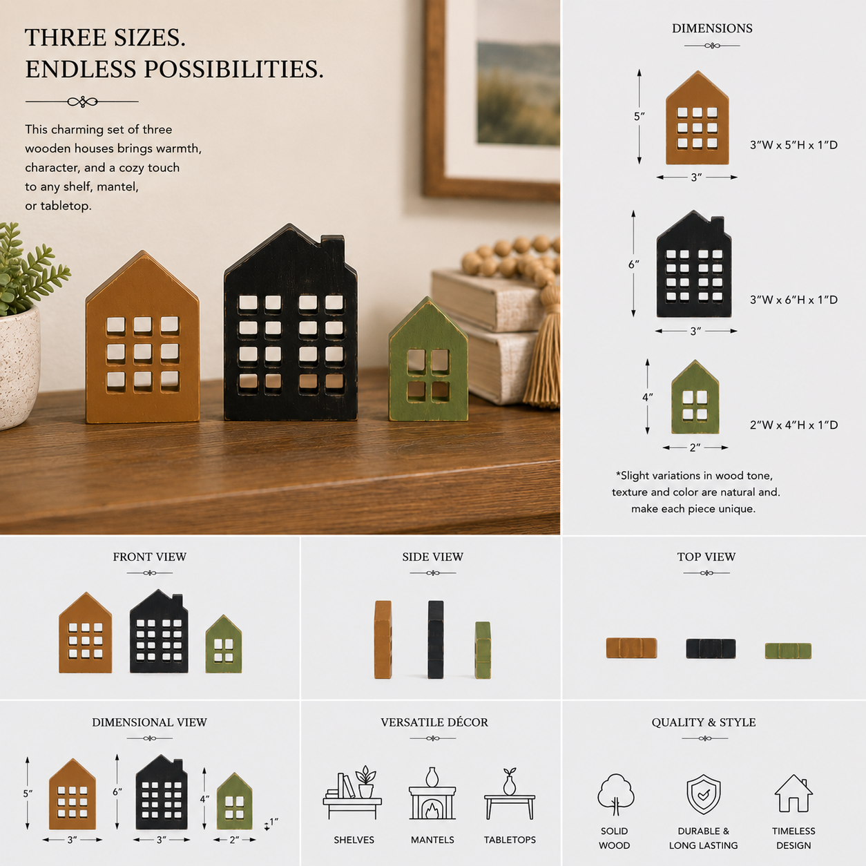 Wood Cutout House Set - Black, Green and Brown (Set of 3)
