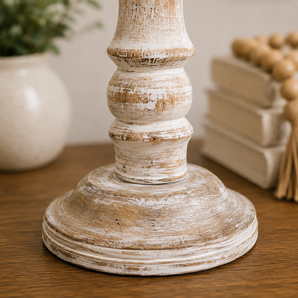 14" Mango Wood Candle Holder - White