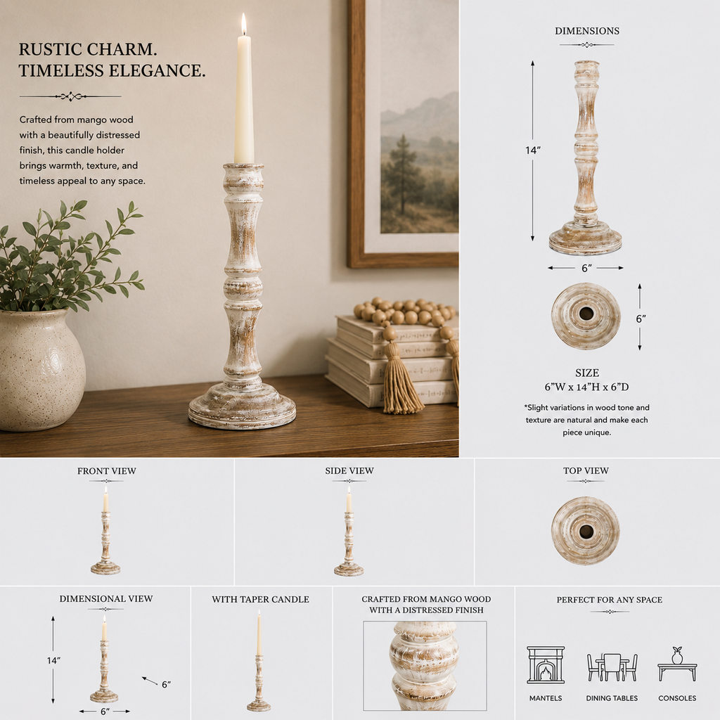 14" Mango Wood Candle Holder - White