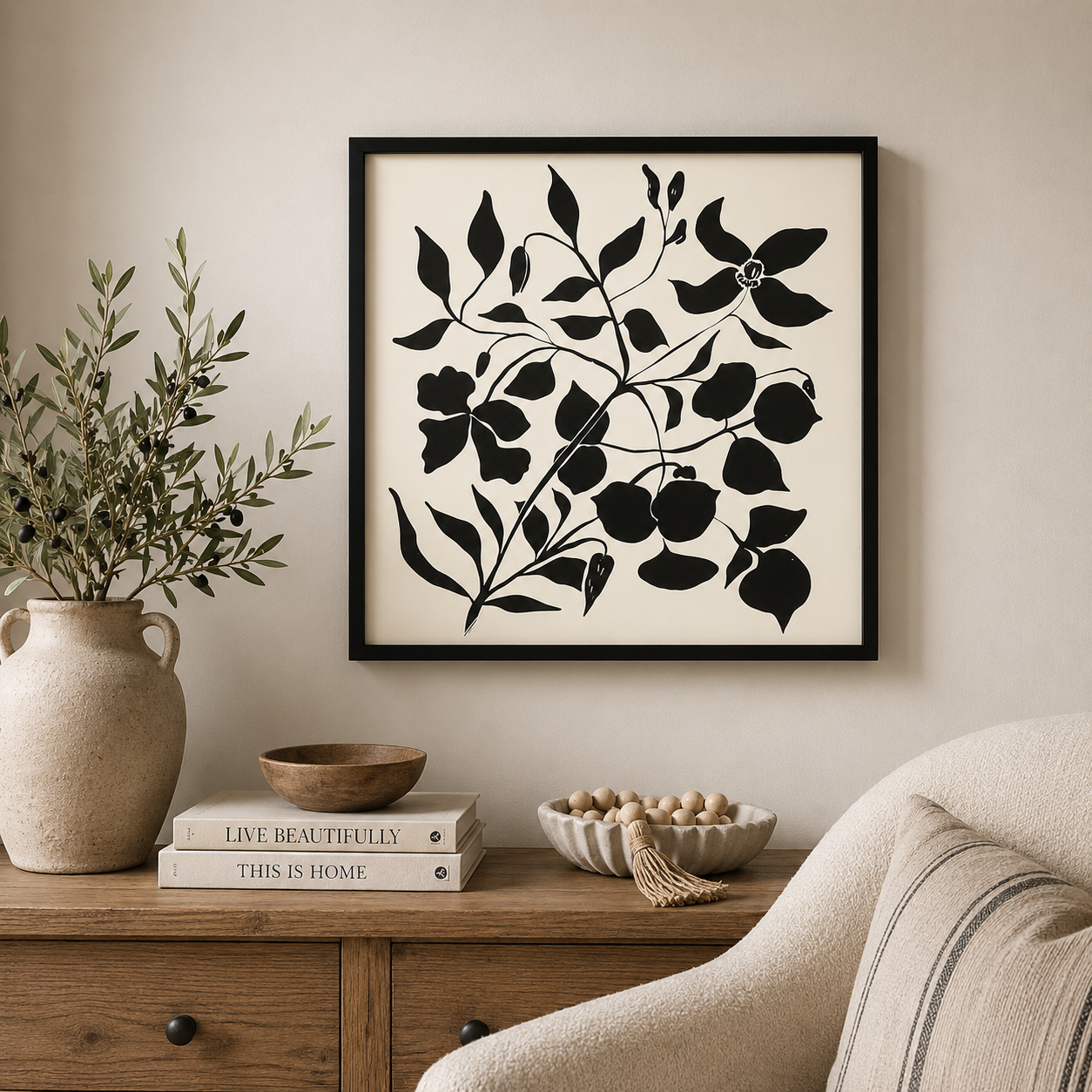 24" Reversible Wood Framed Wall Art - Line/Floral | White and Black