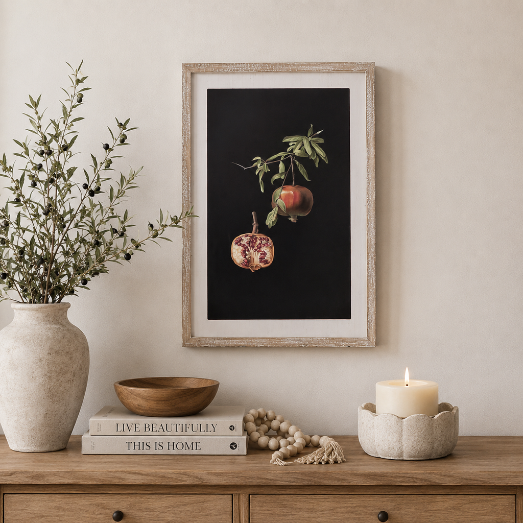 17" x 25" Reversible Wood Framed Wall Art - Pomegranate/Plant | Multicolor