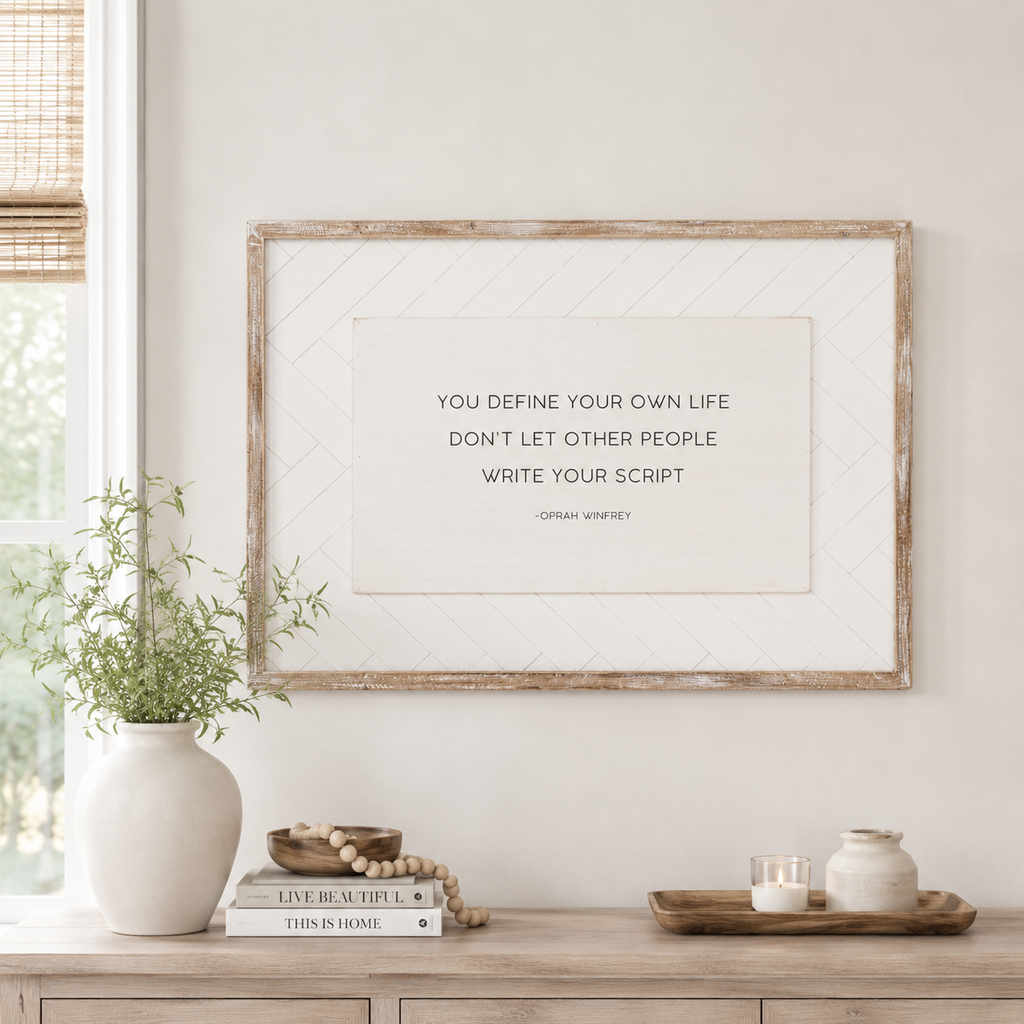 20" x 29" Reversible Wood Framed Wall Art - Happy/Script | Black and White