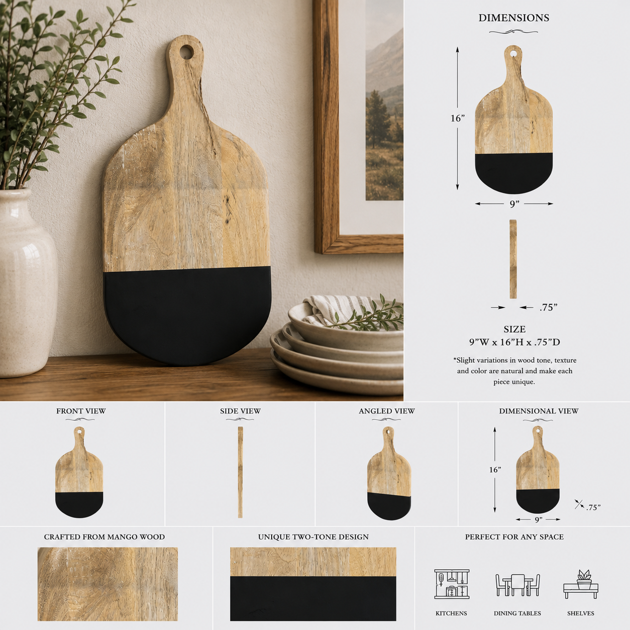 16" Mango Wood Cutting Board with Handle - Natural and Black