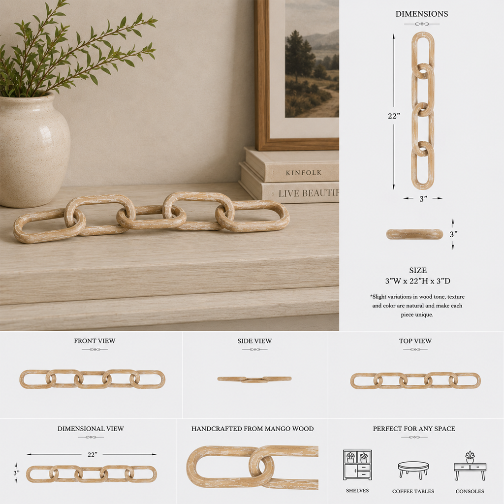22" Decorative Wood Chain Link - Natural