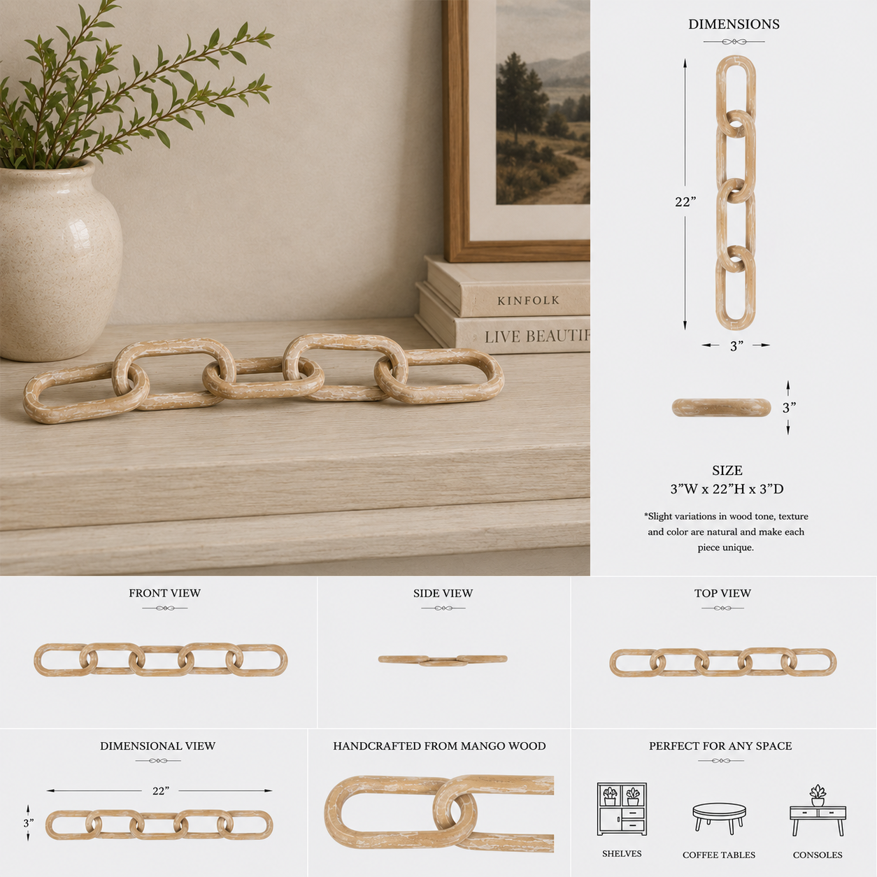 22" Decorative Wood Chain Link - Natural