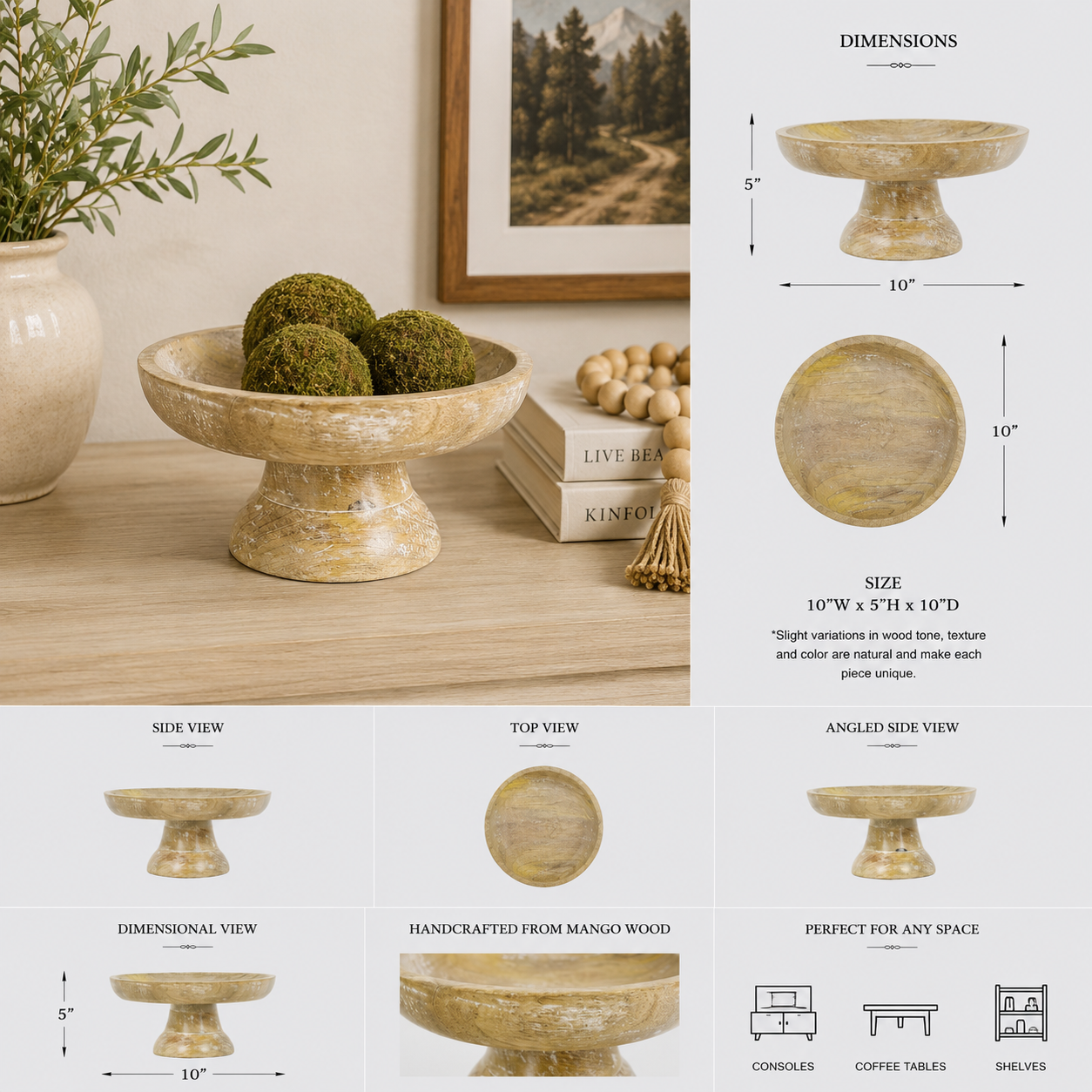 10" Mango Wood Decorative Pedestal Bowl - Natural White