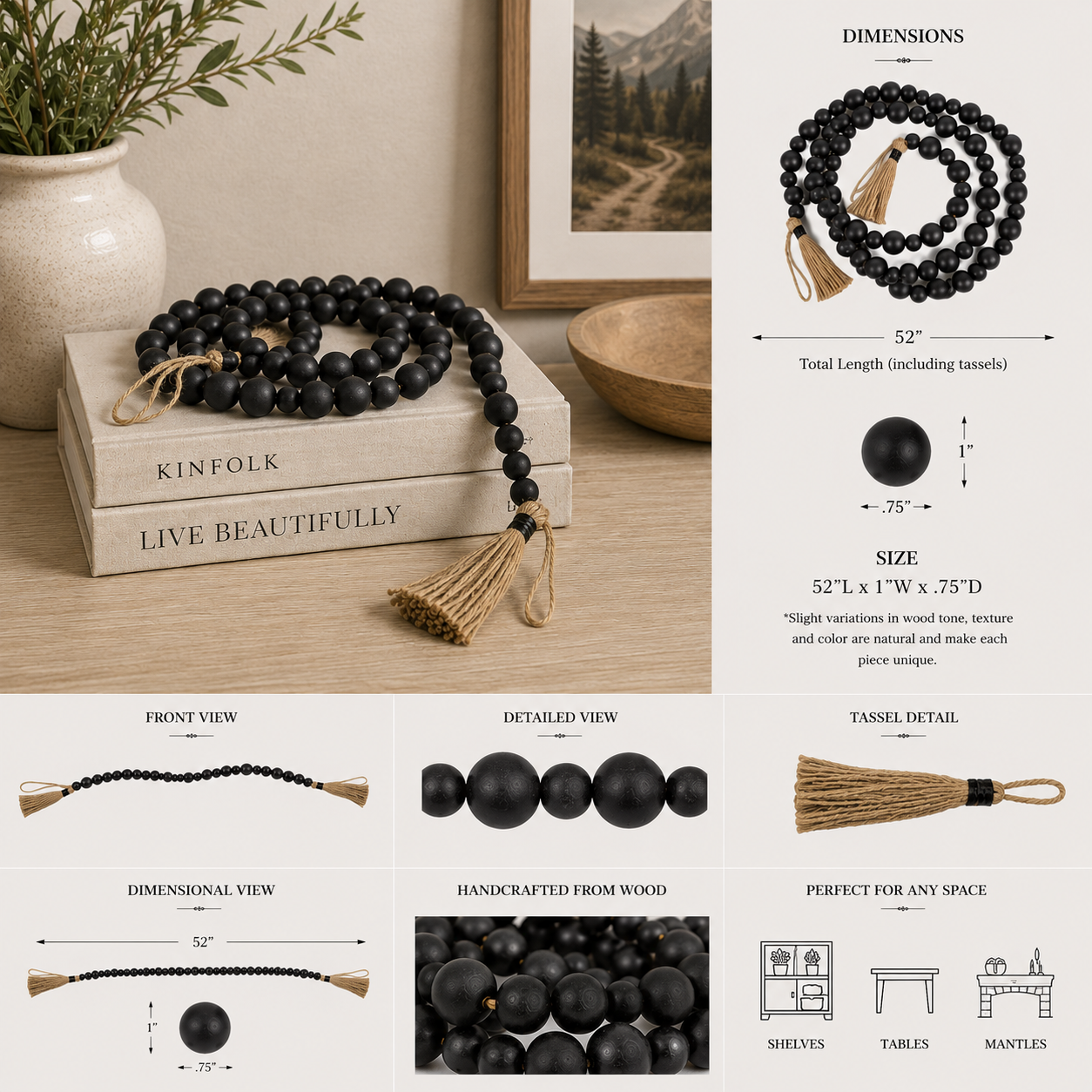 52" Wood Bead Garland with Tassels - Black and Brown