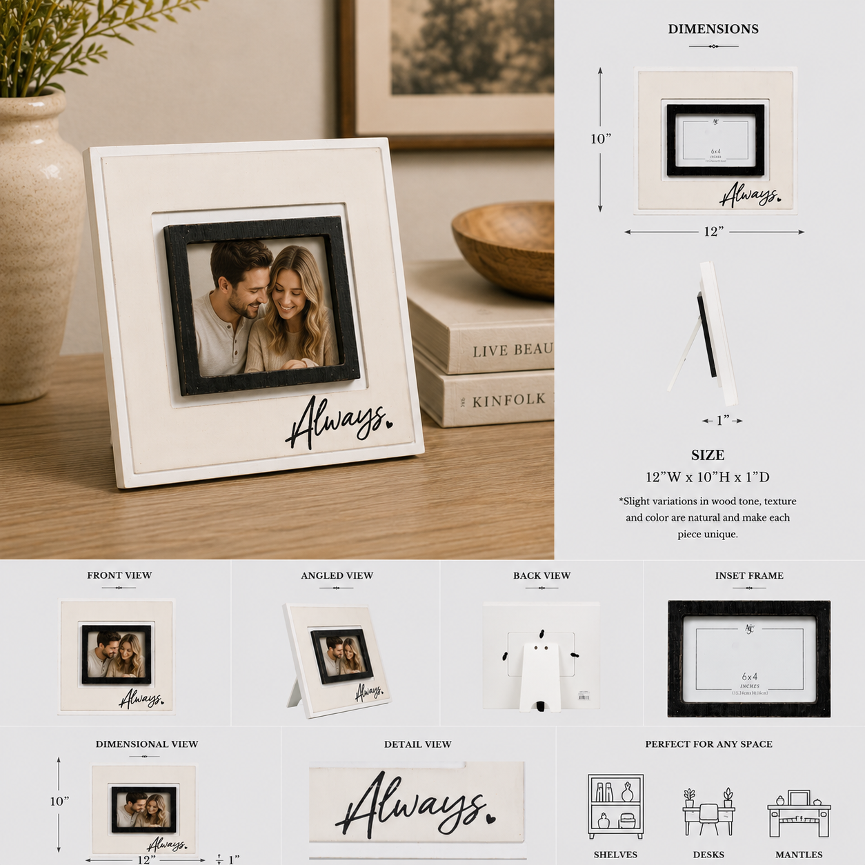 12" x 10" Wood Picture Frame - Always | Holds 6x4 Photo