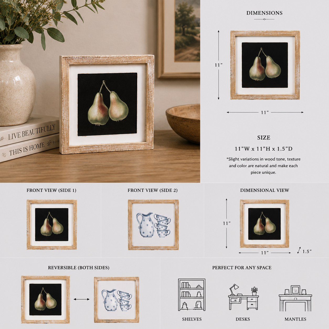 11" Reversible Wood Framed Sign - Pear/Pitcher | Multicolor