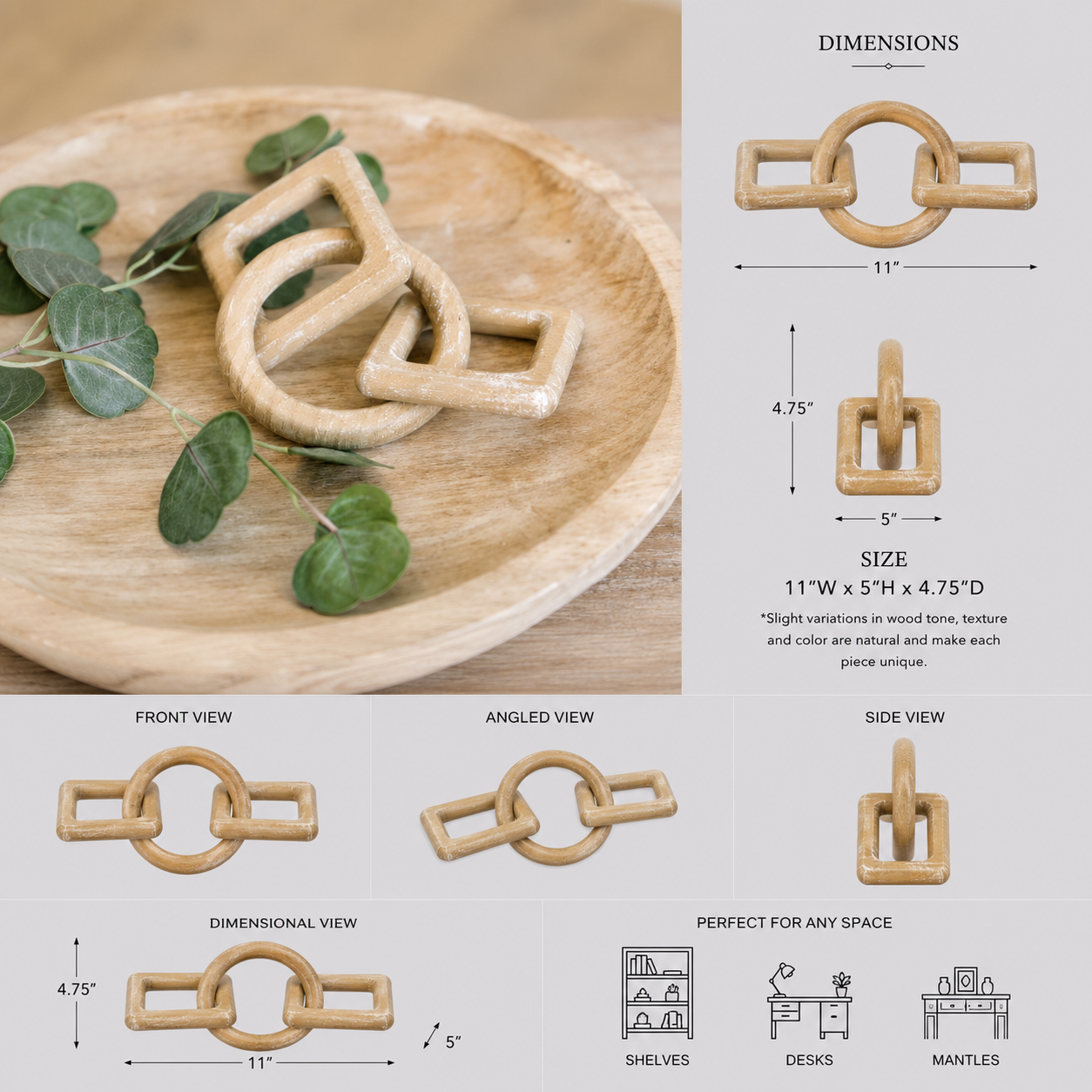 11" Decorative Wood Links - Square and Circle | Natural