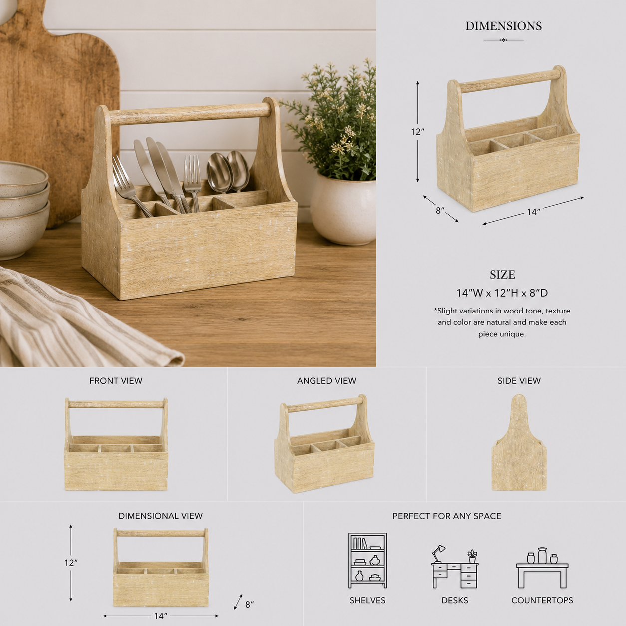 14" Mango Wood Caddy with Handle - Natural White