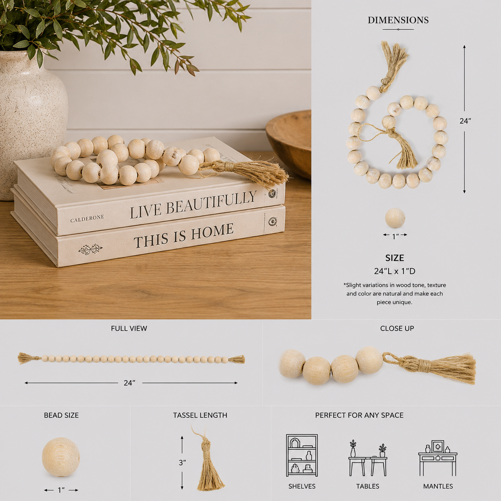 24" Wood Bead Garland with Tassels - Natural
