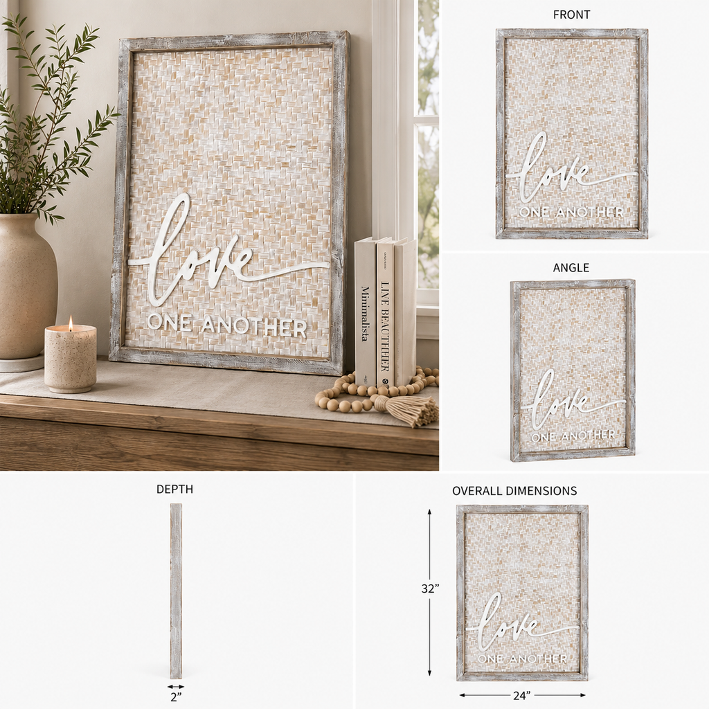 24" x 32" Bamboo Wood Framed Wall Art - Love One Another | Natural and White