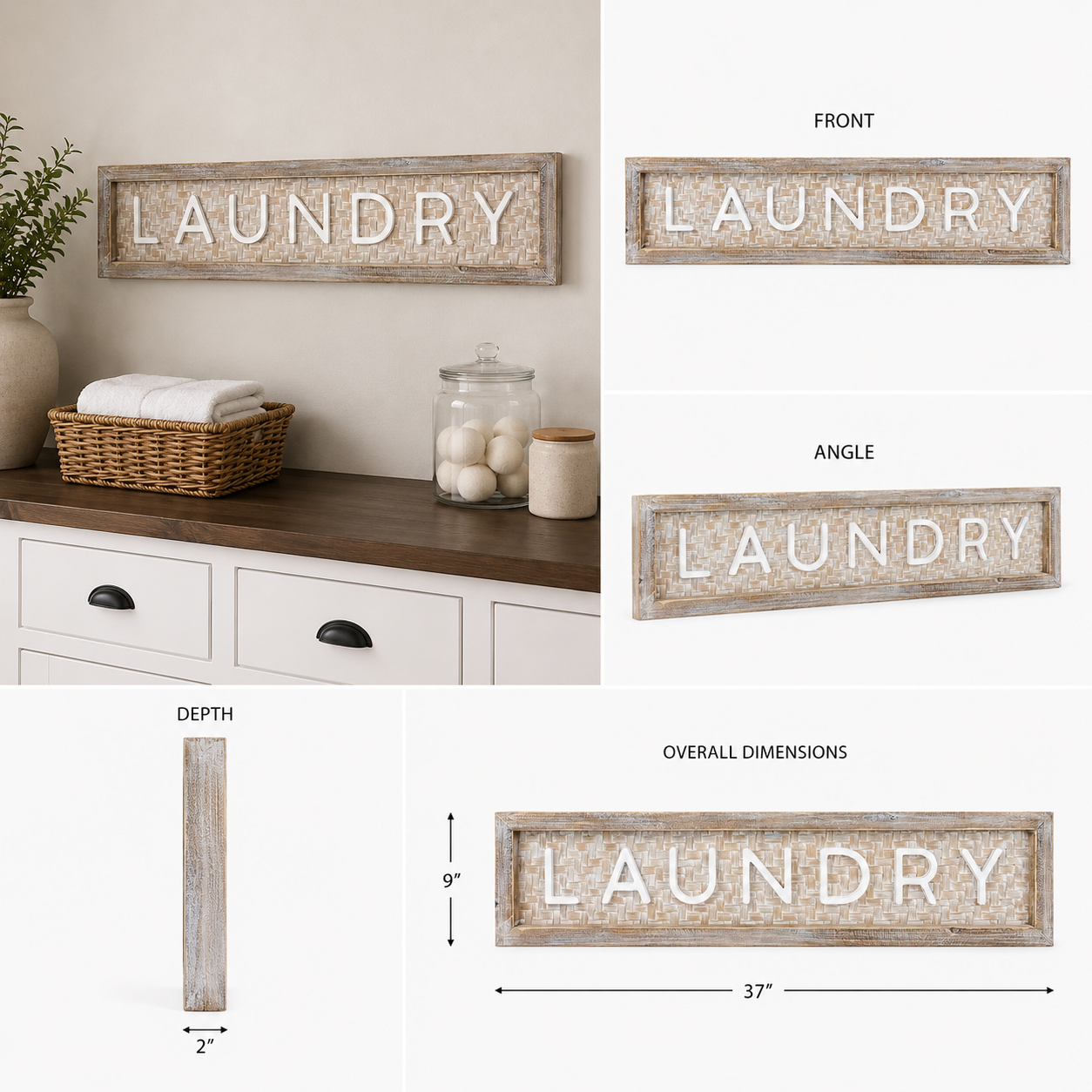 37" x 9" Bamboo Wood Framed Wall Art - Laundry | Natural and White
