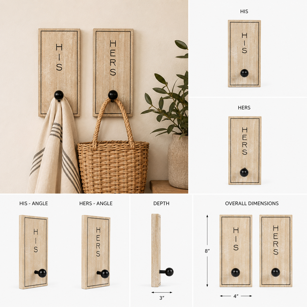 8" Wood Wall Hook Boards (Set of 2) - His & Hers