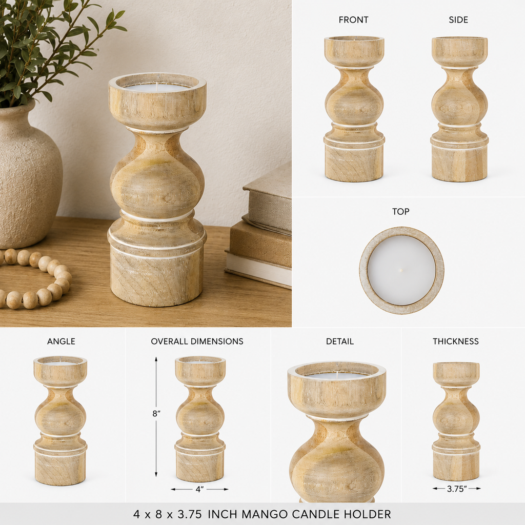 8" Mango Wood Candle Holder - Natural and White