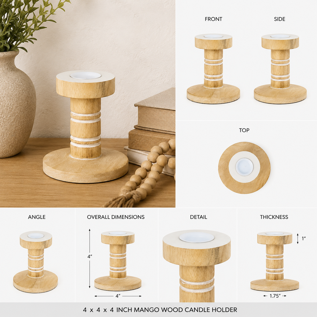 4" Mango Wood Candle Holder - Natural and White