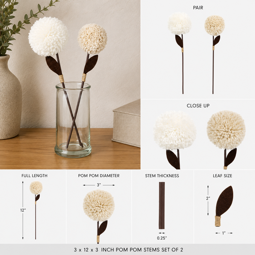 12" Pom Pom Flower Stems - Neutral and White (Set of 2)