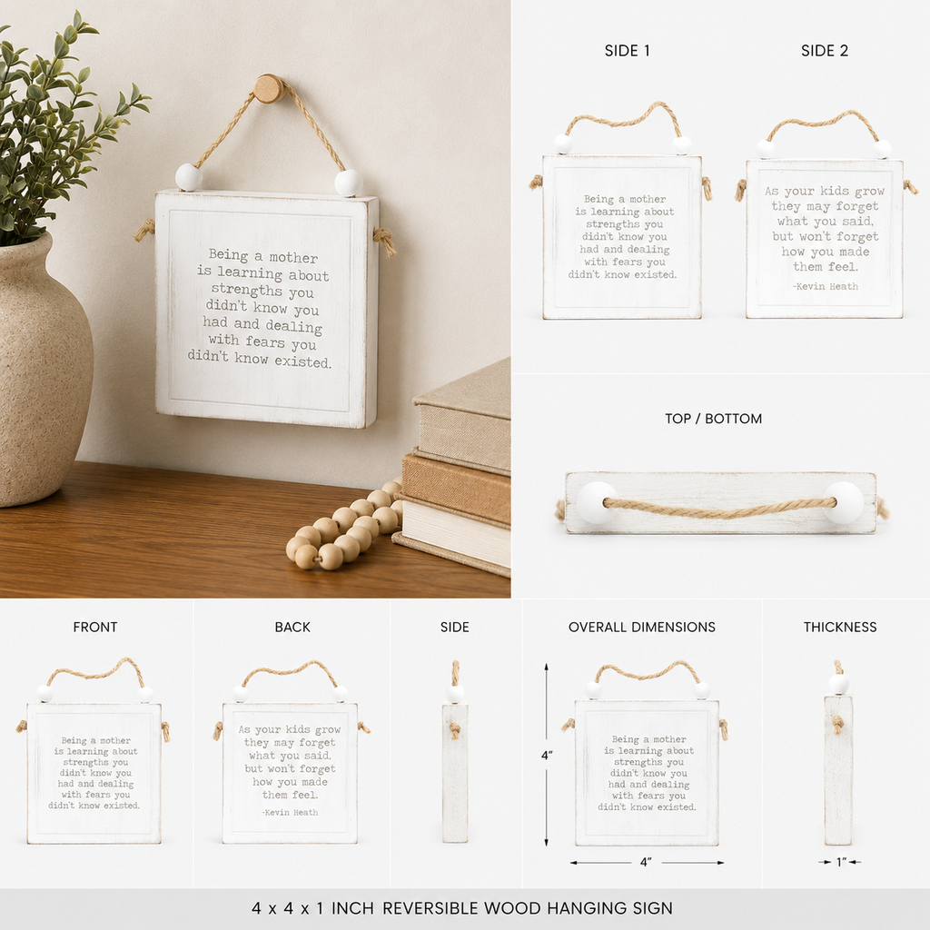 4" Reversible Wood Hanging Sign - Mother/Strength | White and Black