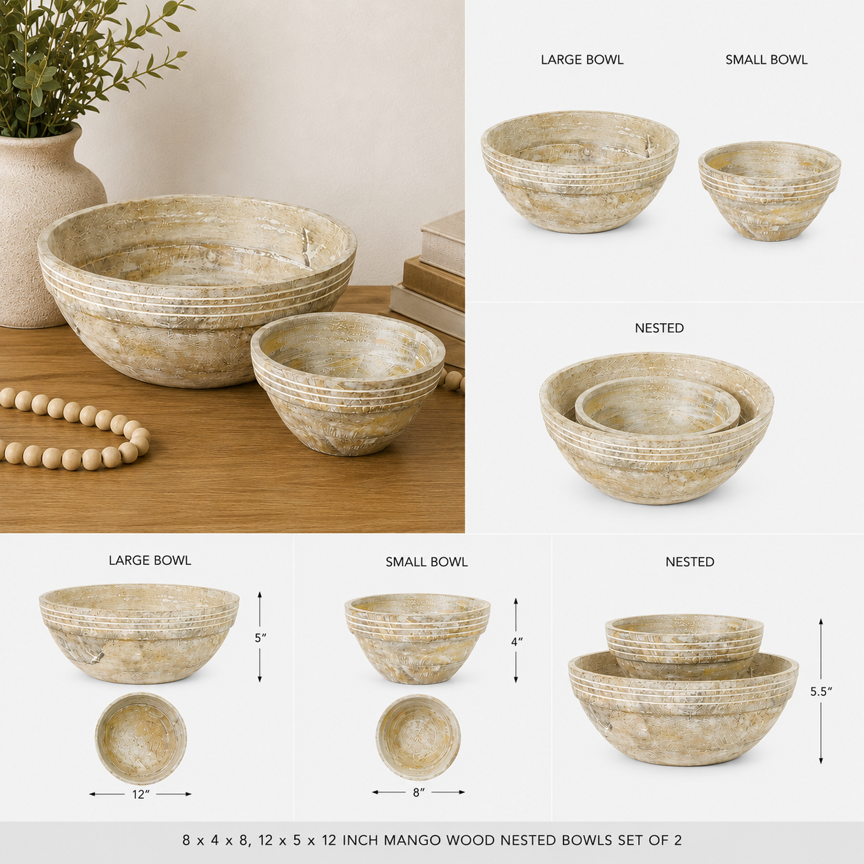 Mango Wood Decorative Nesting Bowls - Natural White | Set of 2