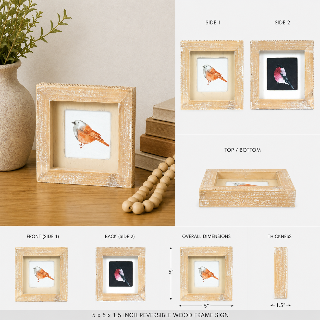 5" Reversible Wood Framed Sign - Bird