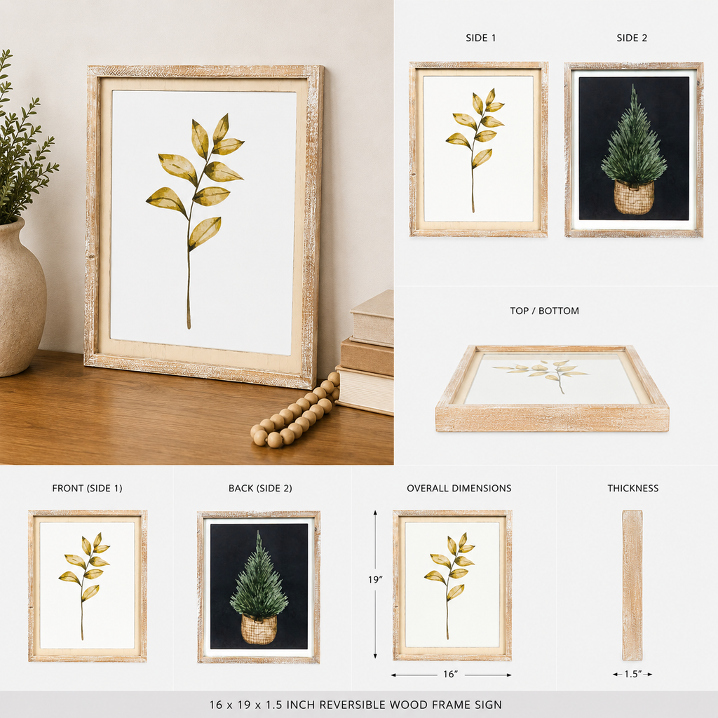 16" x 19" Reversible Wood Framed Wall Art - Pinetree/Leaves | Multicolor