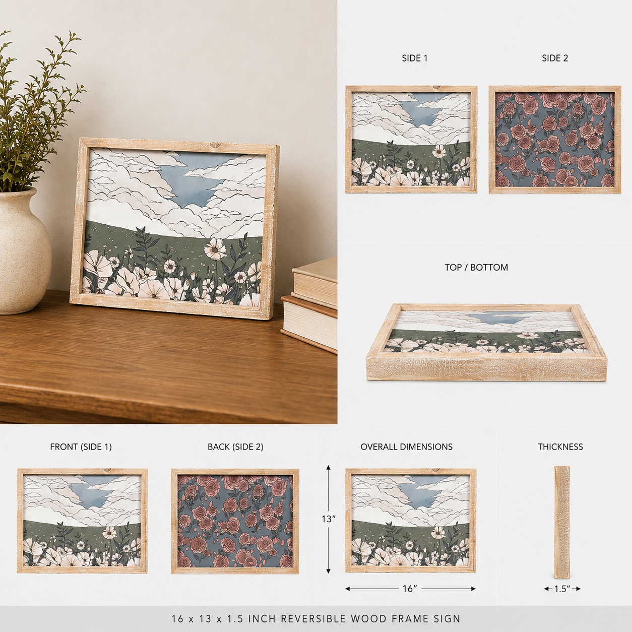 16" x 13" Reversible Wood Framed Wall Art - Landscape/Roses | Multicolor
