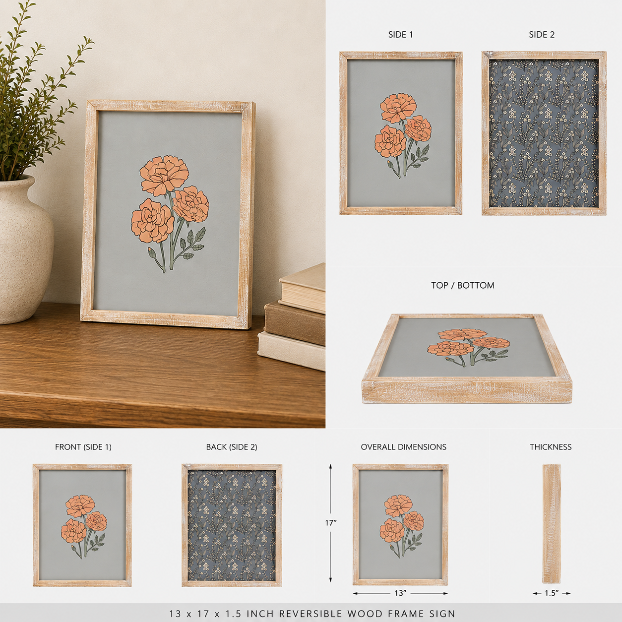 13" x 17" Reversible Wood Framed Wall Art - Pattern/Marigold | Multicolor